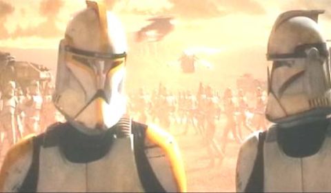 1994 Ford Crown Victoria - Clone troopers stand ready in a dusty, war-torn environment with airborne vehicles overhead.