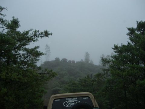 1989 Ford Bronco - A group of off-road vehicles navigates a misty, tree-covered hillside.