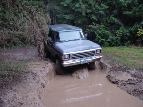 1979 Ford Bronco - Ford Bronco tackling a challenging muddy obstacle in a forest setting.
