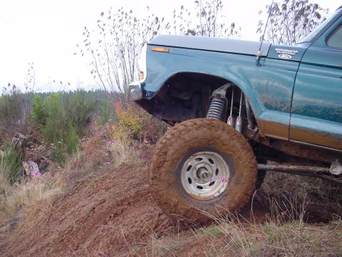 1979 Ford Bronco - A modified green Ford Bronco navigates a muddy, off-road terrain with its suspension clearly visible.