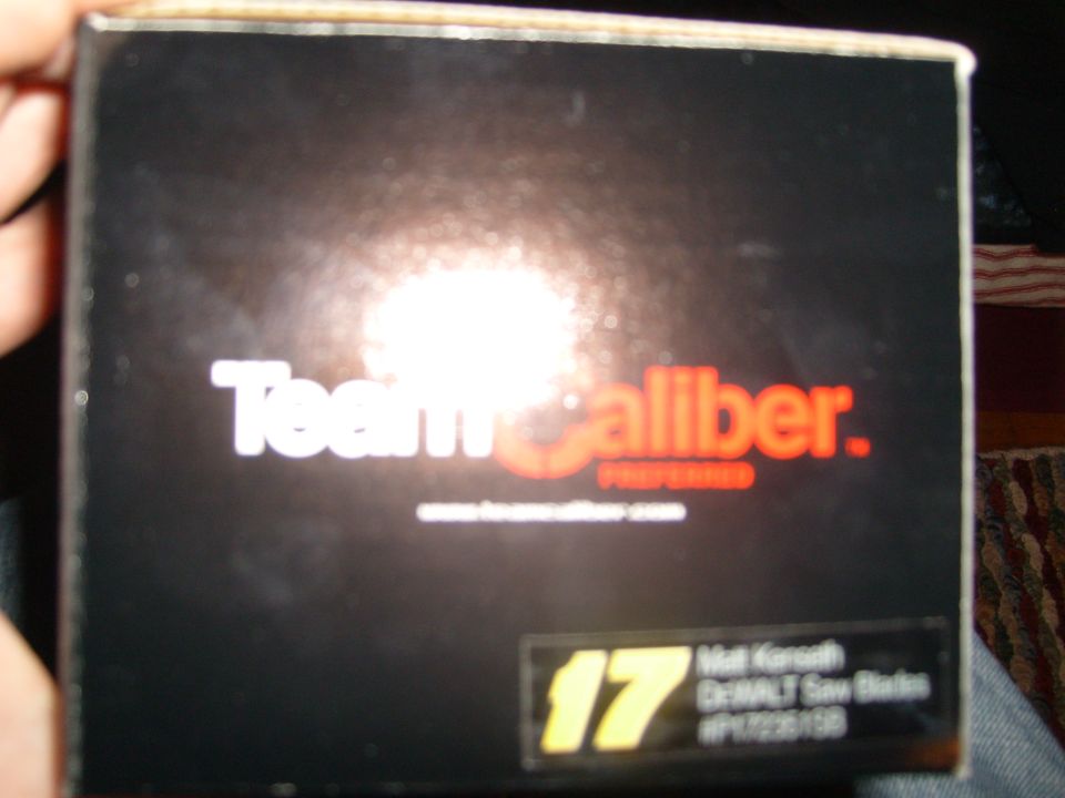 Box with 'Team Caliber' logo and text about Matt Kenseth DeWALT Saw Blades
