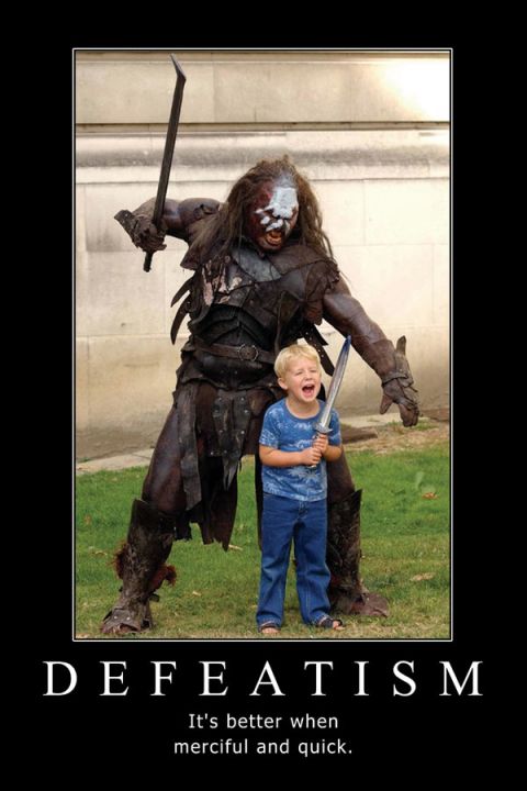 1973 Ford Ranchero - A person in an orc costume stands behind a crying child holding a sword. Text reads 'DEFEATISM'.