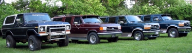 1978 Ford Bronco - A lineup of Ford Broncos and SUVs are parked on a grassy lawn with trees in the background.