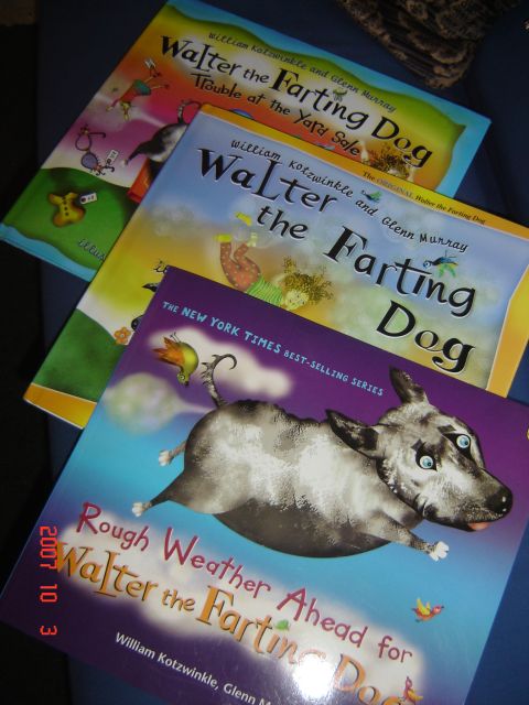 1993 Ford Bronco - A collection of children's books, including 'Walter the Farting Dog' and 'Rough Weather Ahead for Walter the Farting Dog'.