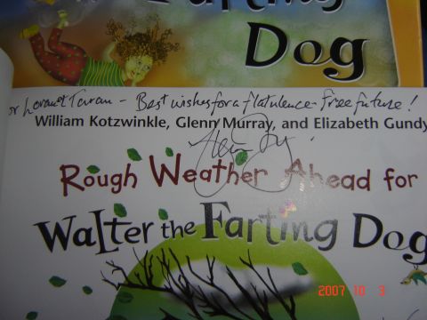 1993 Ford Bronco - Book cover illustration for 'Walter the Farting Dog' with author signatures and a 2007 date stamp.