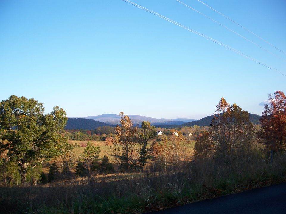 Rural landscape with rolling hills, trees in autumn colors, and a clear blue sky with power lines