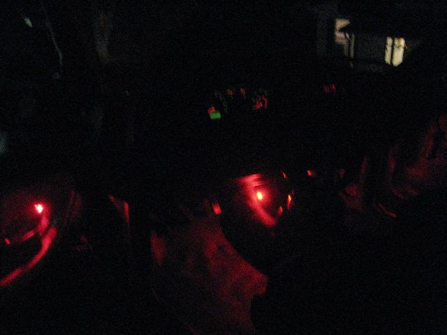 Dashboard lights illuminated red and green at night