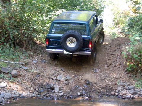 1979 Ford Bronco - The rear view of a Ford Bronco navigating a rough, wooded trail.