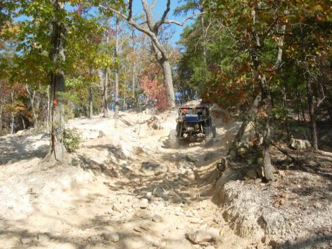 1978 Ford Bronco - An off-road buggy navigates a challenging, rocky trail through a forest with autumn foliage.