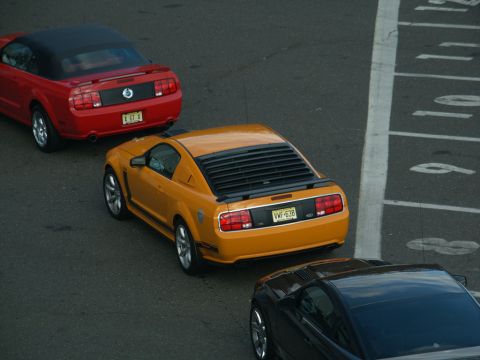 2001 Mercury Grand Marquis - Three Ford Mustangs are parked on a surface marked with lines and numbers.