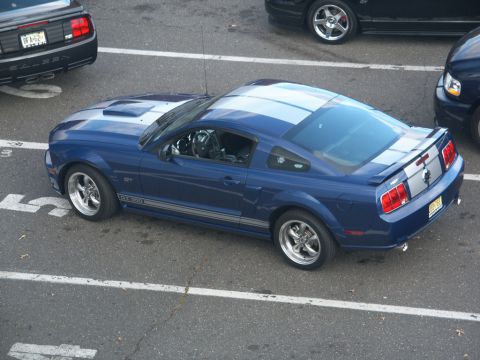 2001 Mercury Grand Marquis - A blue Ford Mustang GT with silver racing stripes is parked in a lot, with other vehicles visible.