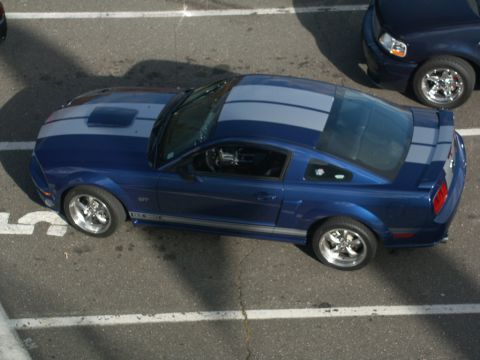 2001 Mercury Grand Marquis - A blue 2005 Ford Mustang GT with silver racing stripes is parked in a lot next to another vehicle.