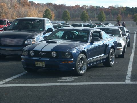 2001 Mercury Grand Marquis - A blue Ford Mustang with racing stripes is parked in a lot with other vehicles.