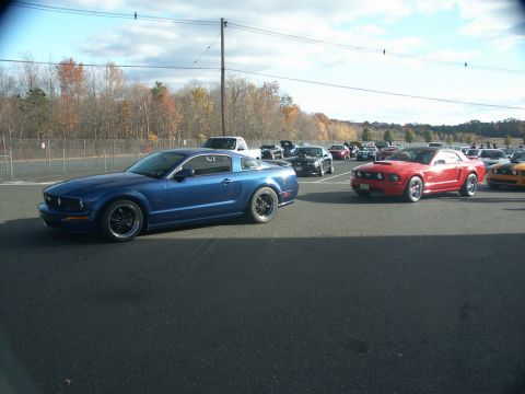 2001 Mercury Grand Marquis - A blue Ford Mustang is parked in a lot with several other vehicles, possibly at a car meet or track day.