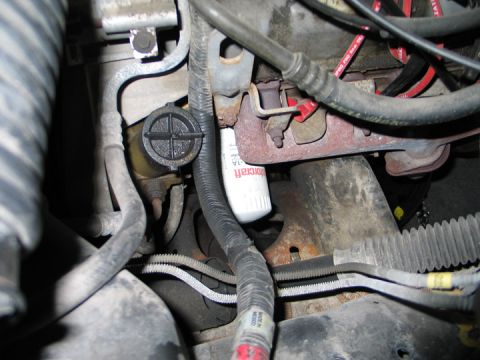 1994 Ford Bronco - Close-up view of engine components including an oil filter and brake fluid reservoir.