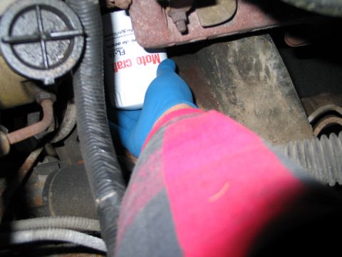 1994 Ford Bronco - A gloved hand removes a MotoCraft FL-4A oil filter from an engine compartment.