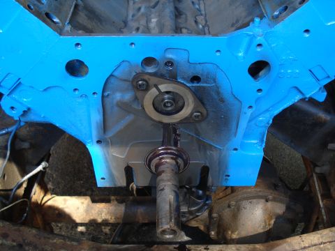 1967 Ford F-250 - Engine block and driveshaft assembly, likely undergoing restoration or repair.