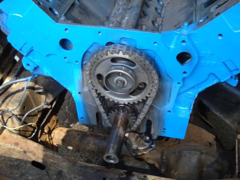 1967 Ford F-250 - The engine block is painted bright blue, showing the timing chain and gears.