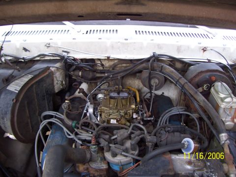 1978 Ford Bronco - Engine bay of an older Ford truck with the air cleaner removed, exposing a gold-toned Motorcraft carburetor on the intake, blue-painted eng…