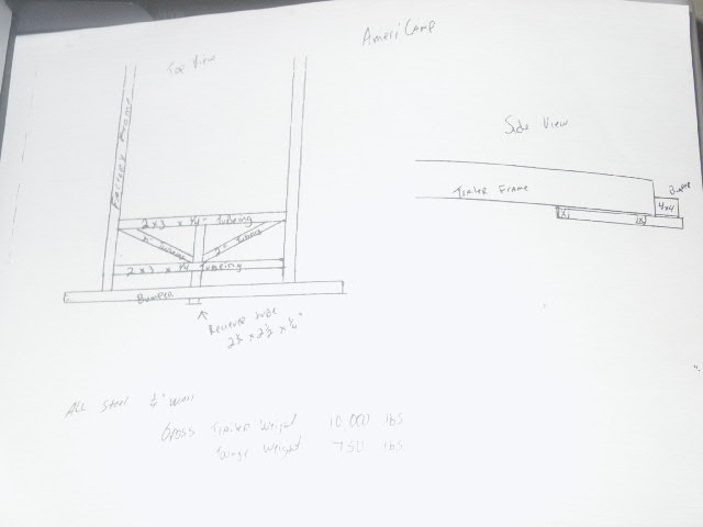 Hand-drawn trailer design with top and side views, tubing dimensions and weight specs