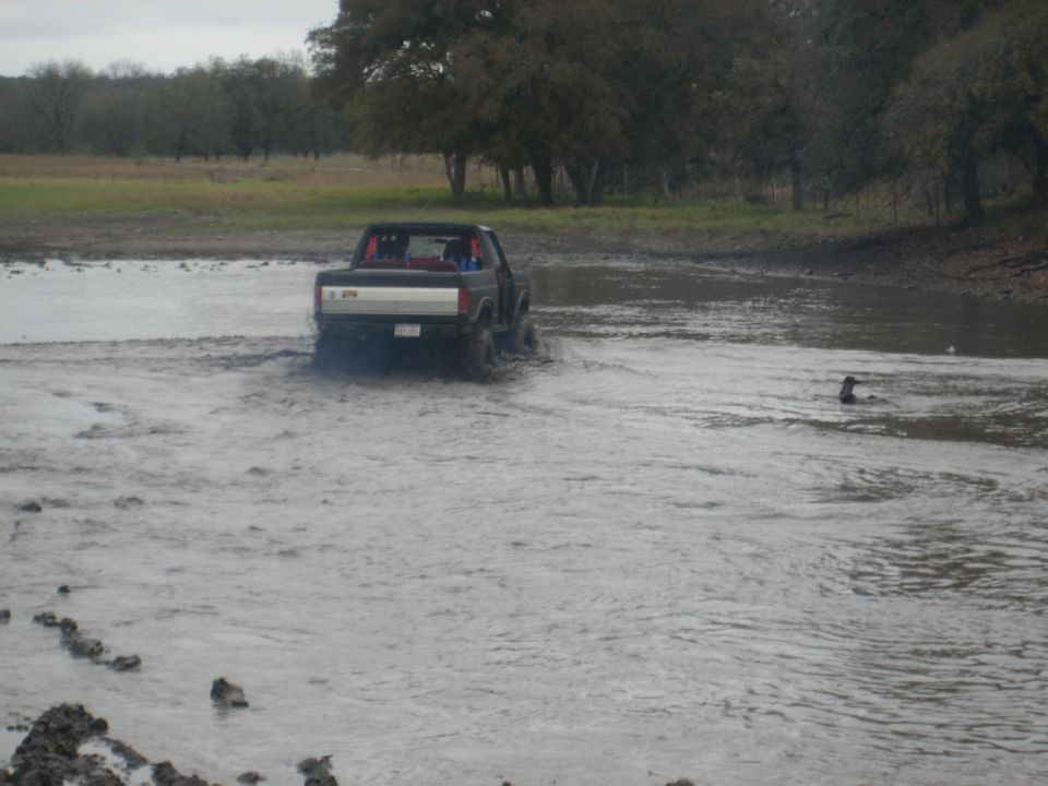 Truck driving through mud, rear view. Red roll bar visible