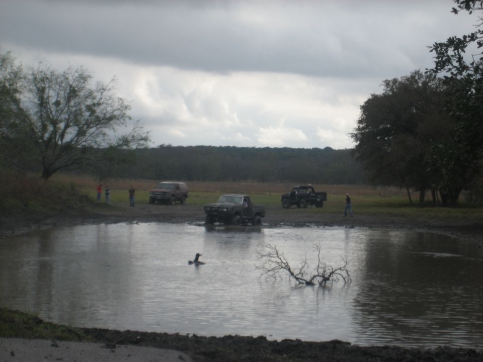 Three trucks and an SUV are parked near a muddy pond with a duck swimming