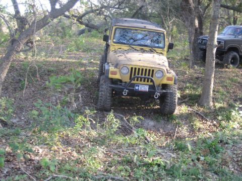 2001 Jeep Wrangler - A yellow Jeep Wrangler navigates a wooded trail, with another vehicle visible in the background.