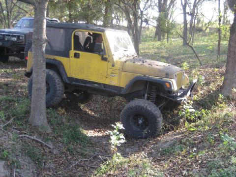 2001 Jeep Wrangler - A yellow 2001 Jeep Wrangler navigates a wooded trail, with another vehicle visible in the background.