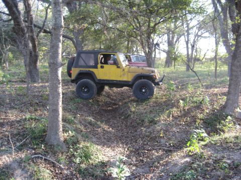2001 Jeep Wrangler - A yellow 2001 Jeep Wrangler navigates a wooded trail with another vehicle in the background.