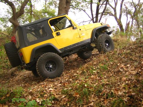 2001 Jeep Wrangler - A yellow Jeep Wrangler navigates an off-road incline covered in fallen leaves.