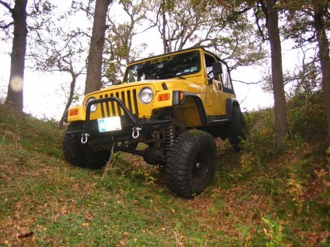 2001 Jeep Wrangler - A yellow Jeep Wrangler is parked on a grassy incline surrounded by trees and foliage.