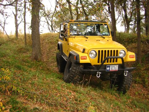 2001 Jeep Wrangler - A yellow 2001 Jeep Wrangler is parked on a grassy incline surrounded by trees.