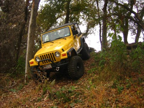 2001 Jeep Wrangler - A yellow Jeep Wrangler navigates a steep, wooded incline with fallen leaves on the ground.