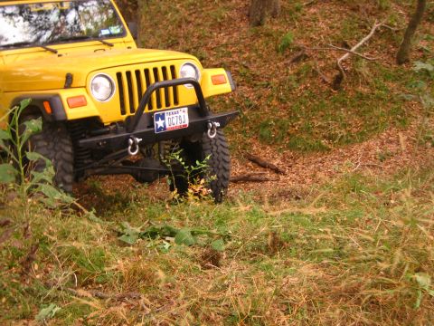 2001 Jeep Wrangler - Yellow 2001 Jeep Wrangler on a wooded trail, showing front grille and bumper.