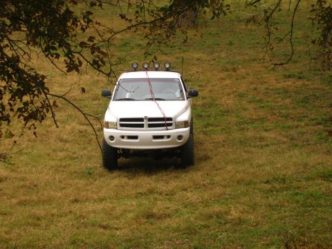 2001 Jeep Wrangler - A white Dodge pickup truck is parked on a grassy slope, viewed from the front.