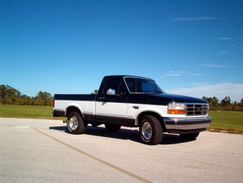 1995 Ford F-150 - This two-tone 1995 Ford F-150 pickup truck is shown from a three-quarter front angle under a clear blue sky.