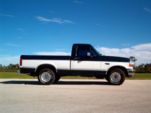 1995 Ford F-150 - Side profile of a 1995 Ford F-150 pickup truck with a two-tone black and white paint job.