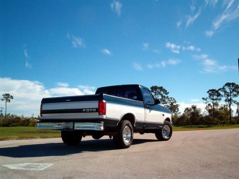 1995 Ford F-150 - This two-tone Ford truck is seen from the rear, parked on a paved surface with trees in the background.