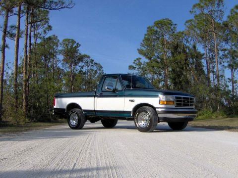 1995 Ford F-150 - A two-tone 1995 Ford F-150 pickup truck is seen from a three-quarter front view on a dirt road with trees in the background.