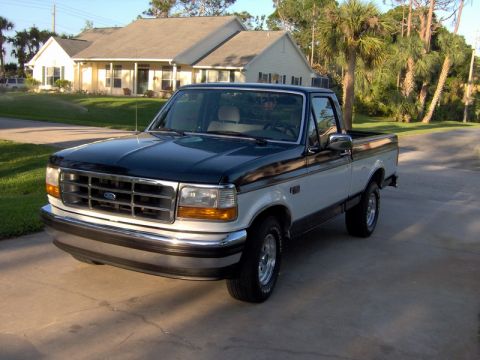 1995 Ford F-150 - This Ford F-150 pickup truck features a two-tone paint scheme and appears to be from the early to mid-1990s.