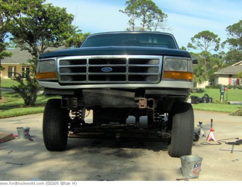 1995 Ford F-150 - This 1995 Ford F-150 is shown from the front, highlighting its lifted suspension and silver grille.