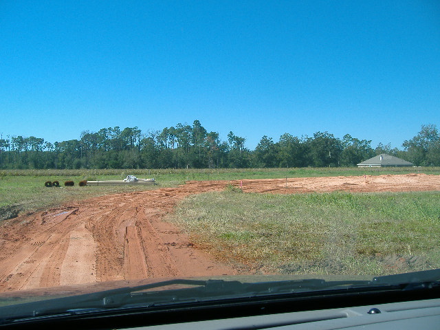 Dirt road through a grassy field under a clear blue sky