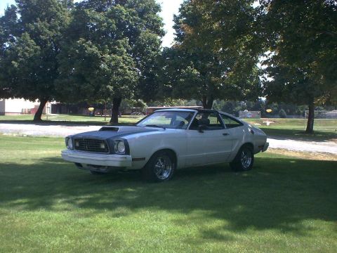 1978 Ford Mustang II - A 1975 Ford Mustang II coupe is parked on a grassy area with trees in the background.
