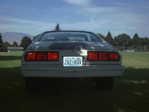 1978 Ford Mustang II - Rear view of a 1978 Ford Mustang II parked on grass with mountains in the background.