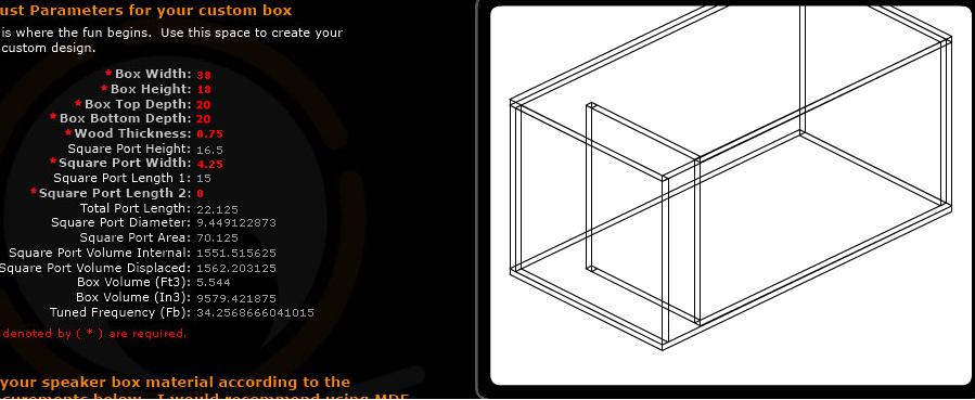Subwoofer box design with 3D wireframe and parameter spec list (width, height, port volume, tuned frequency)