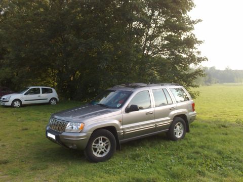 1991 Ford Crown Victoria - A silver Jeep Grand Cherokee is parked in a grassy field next to a white car under a large tree.