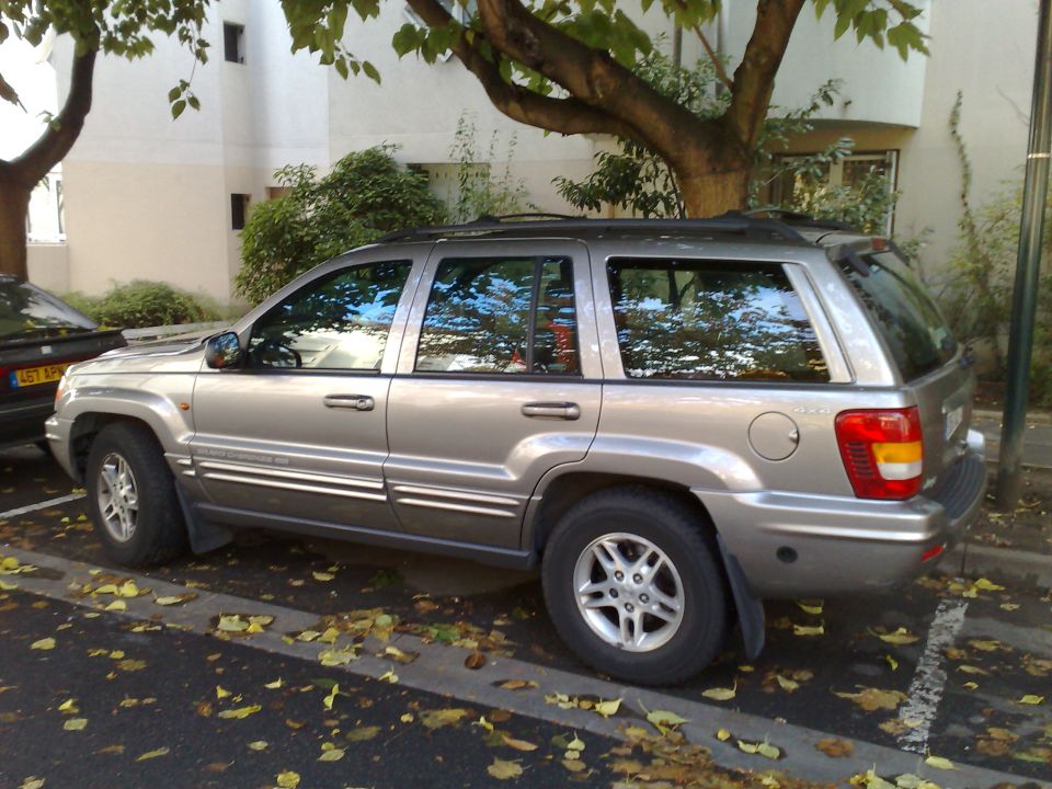 Silver Jeep Grand Cherokee parked on street, leaves on ground