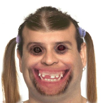1991 Ford Bronco - A digitally altered human face with unusual features and pigtails is shown against a white background.