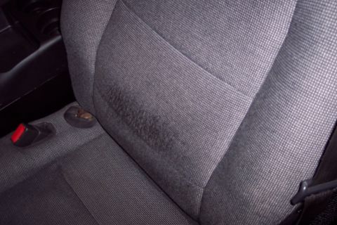 2001 Ford Crown Victoria - Close-up of a stained car seat interior, showing fabric texture and a seatbelt buckle.