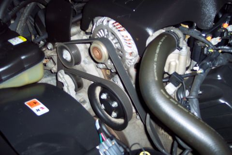 2001 Ford Crown Victoria - Engine bay view showing serpentine belt system and alternator on a Ford V8.